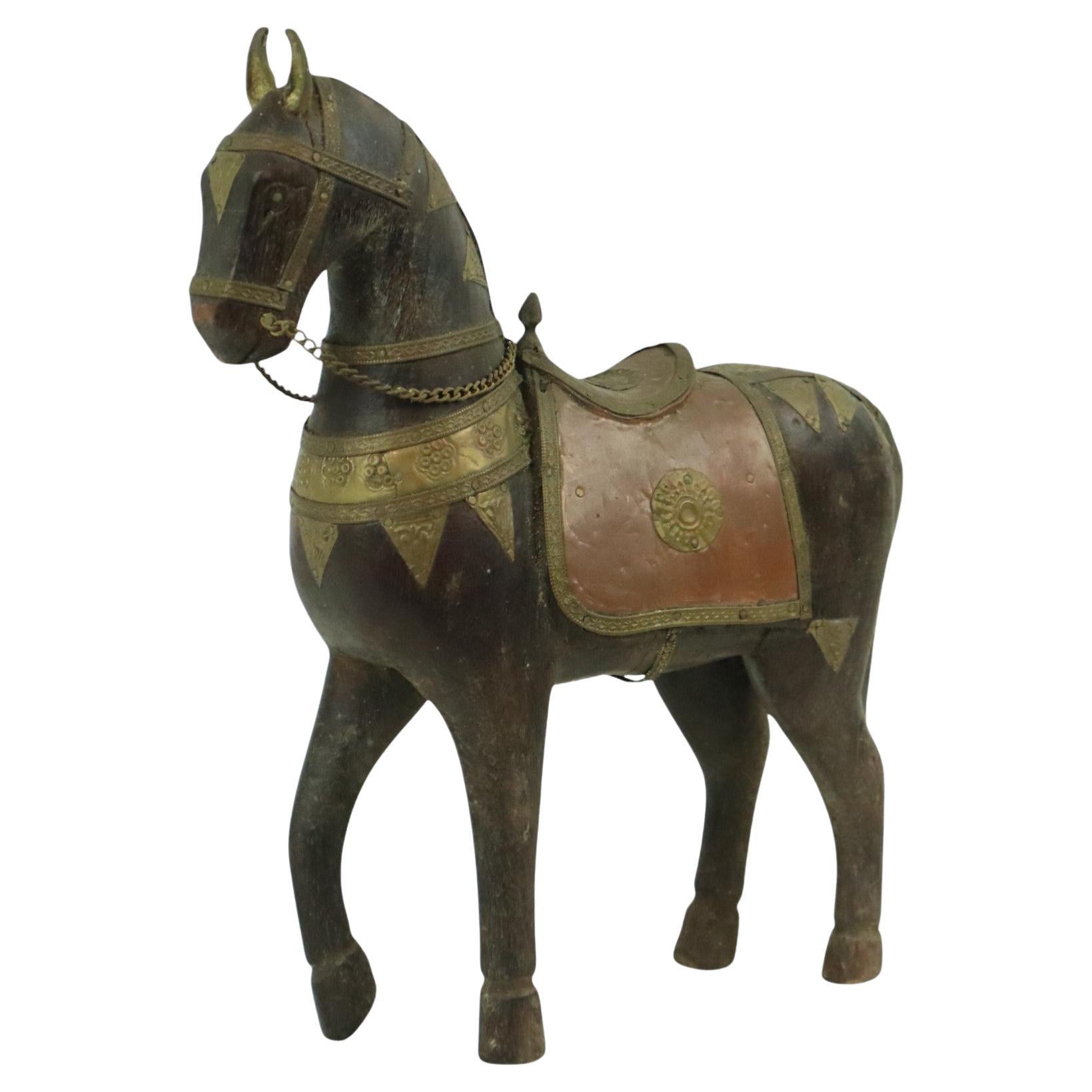 Vintage Wooden Marwari Horse Copper Brass Statue Sculpture 27cm For Sale