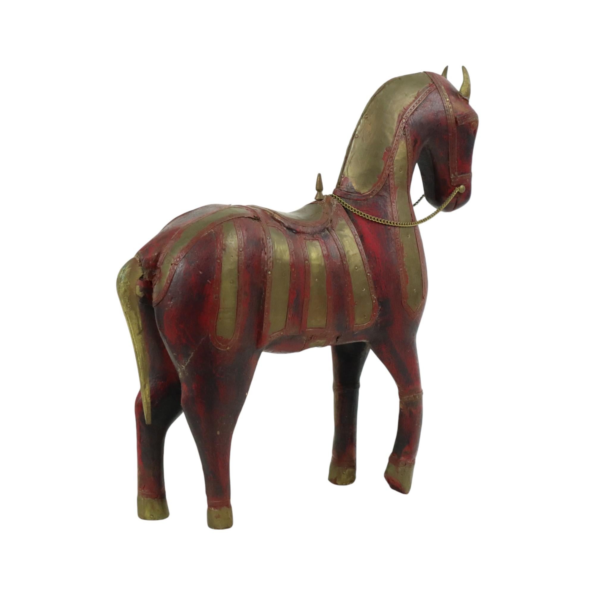 Vintage Wooden Marwari Horse Copper Brass Statue Sculpture 31cm For Sale 4
