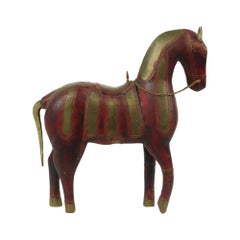 Vintage Wooden Marwari Horse Copper Brass Statue Sculpture 31cm