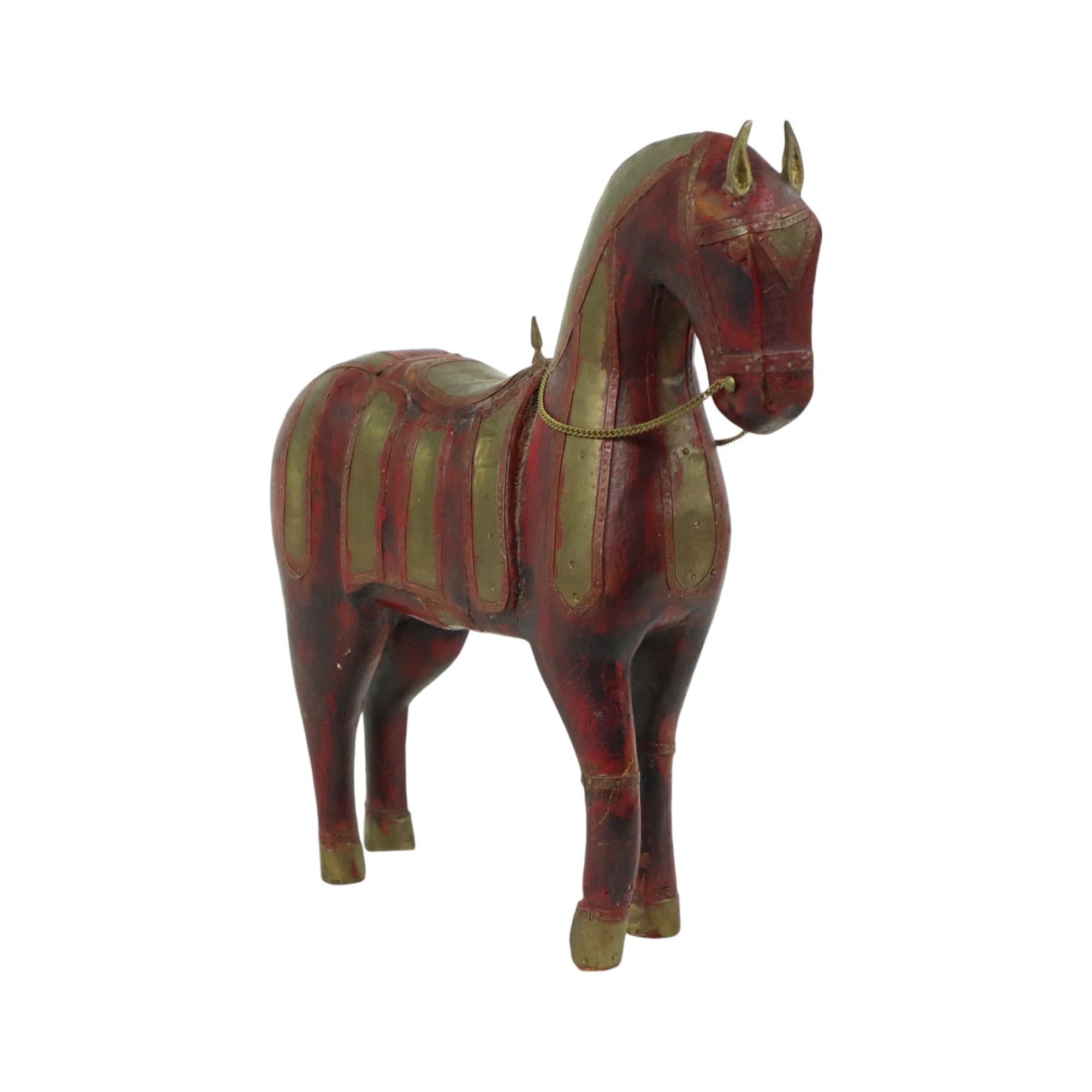 Indian Vintage Wooden Marwari Horse Copper Brass Statue Sculpture 31cm For Sale