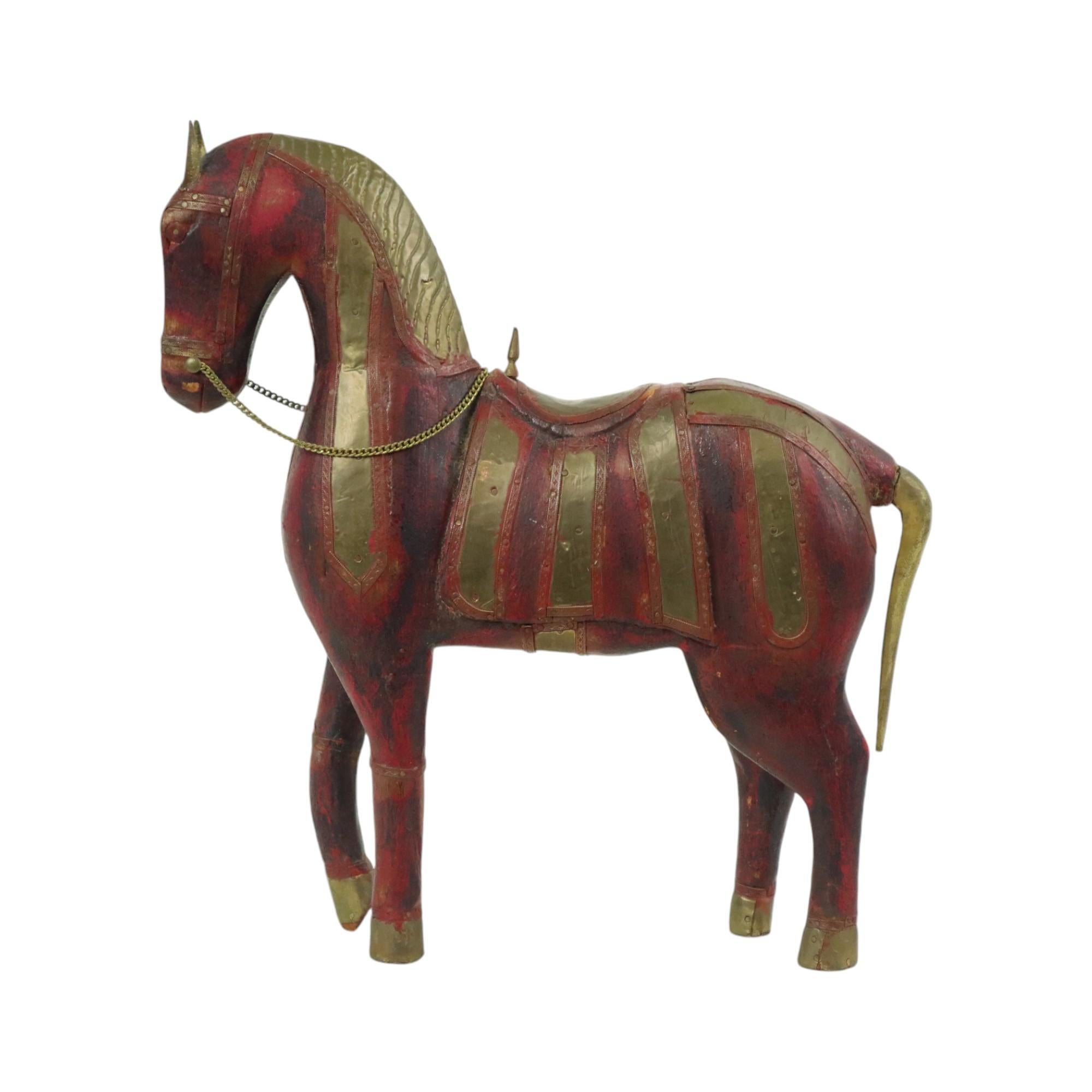 20th Century Vintage Wooden Marwari Horse Copper Brass Statue Sculpture 31cm For Sale