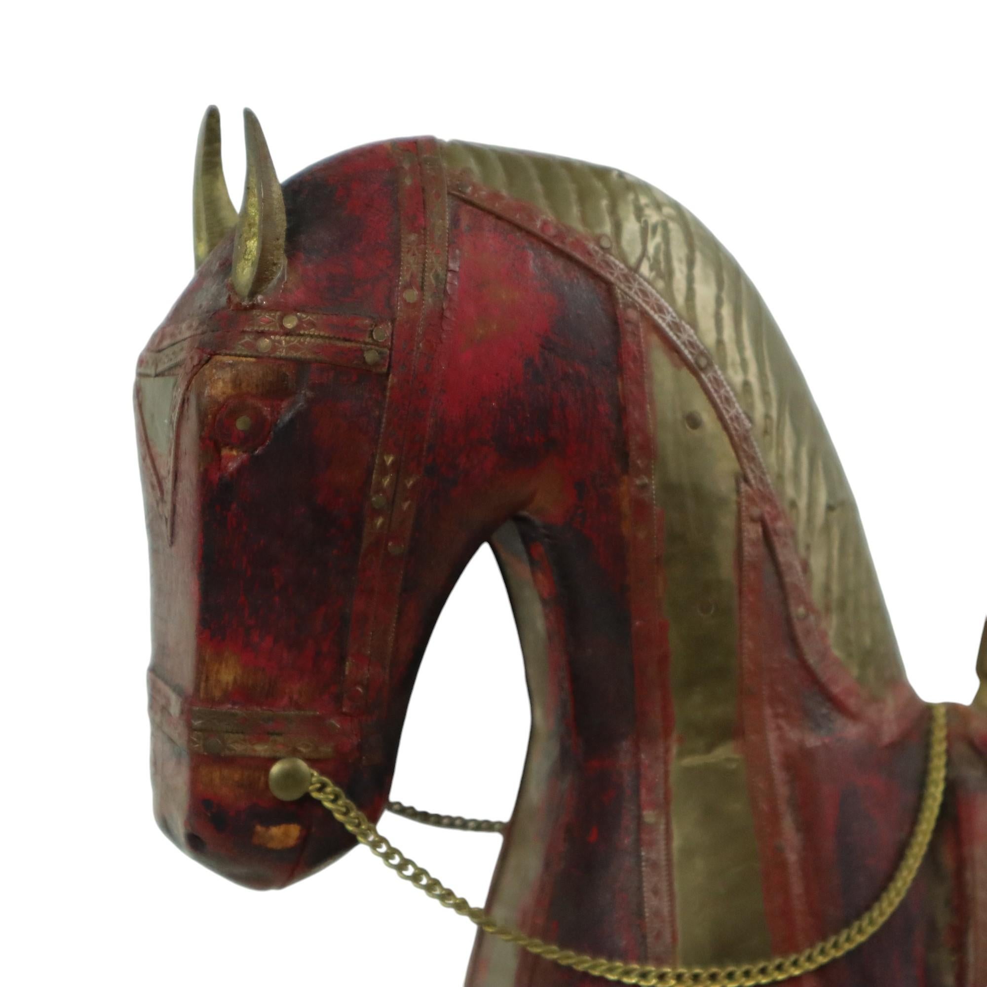 Vintage Wooden Marwari Horse Copper Brass Statue Sculpture 31cm For Sale 1