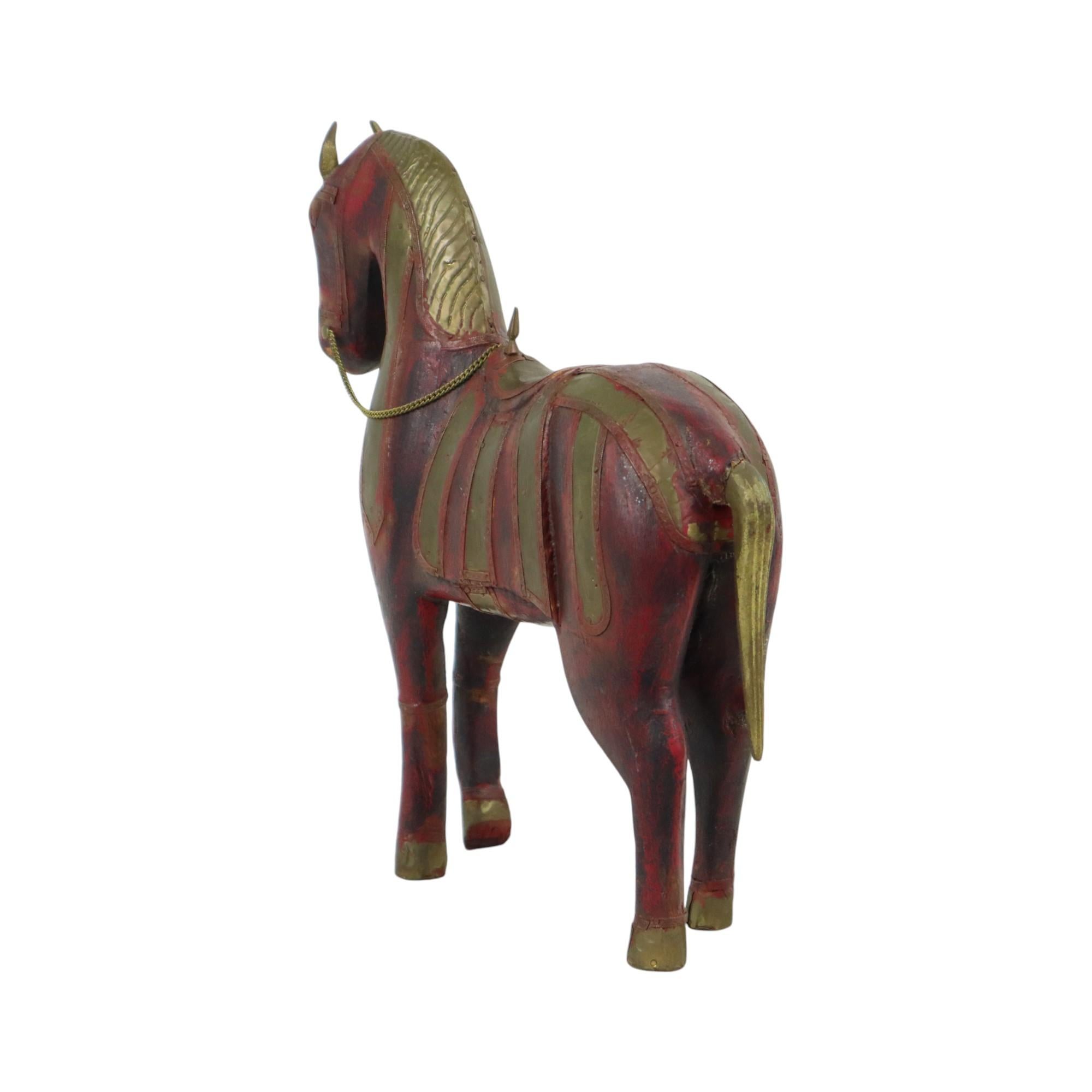 Vintage Wooden Marwari Horse Copper Brass Statue Sculpture 31cm For Sale 2