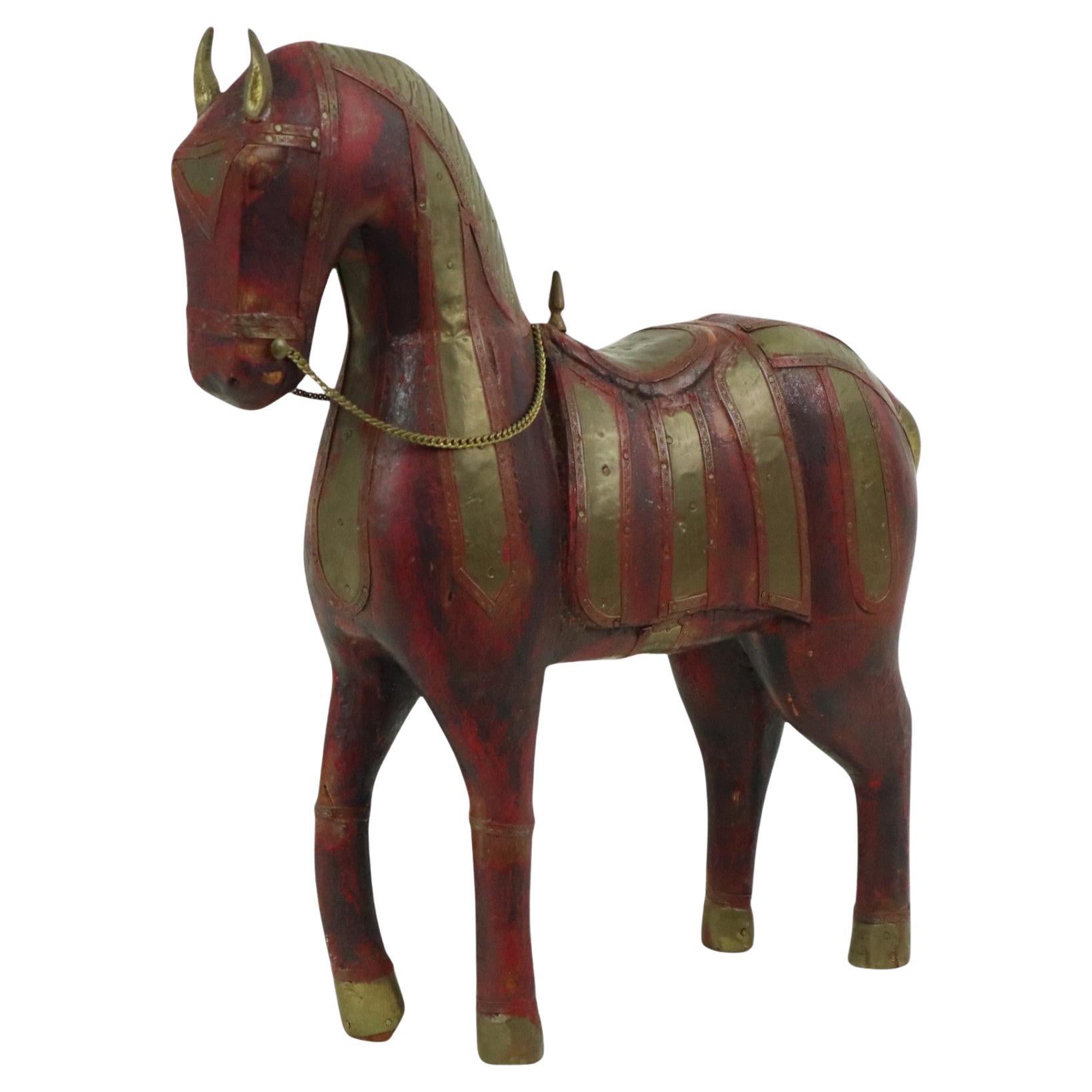 Vintage Wooden Marwari Horse Copper Brass Statue Sculpture 31cm