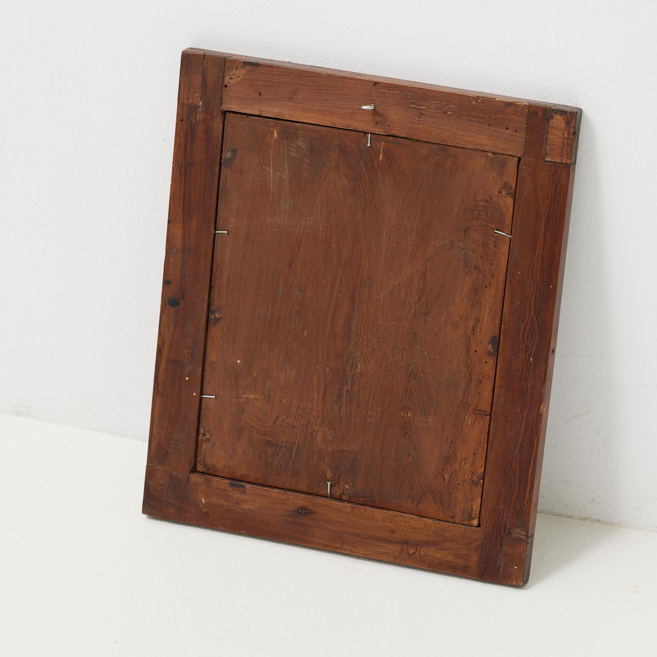 Miroir vintage en bois avec cadre incrusté, Espagne circa 1950 - Patine d'origine en vente 1