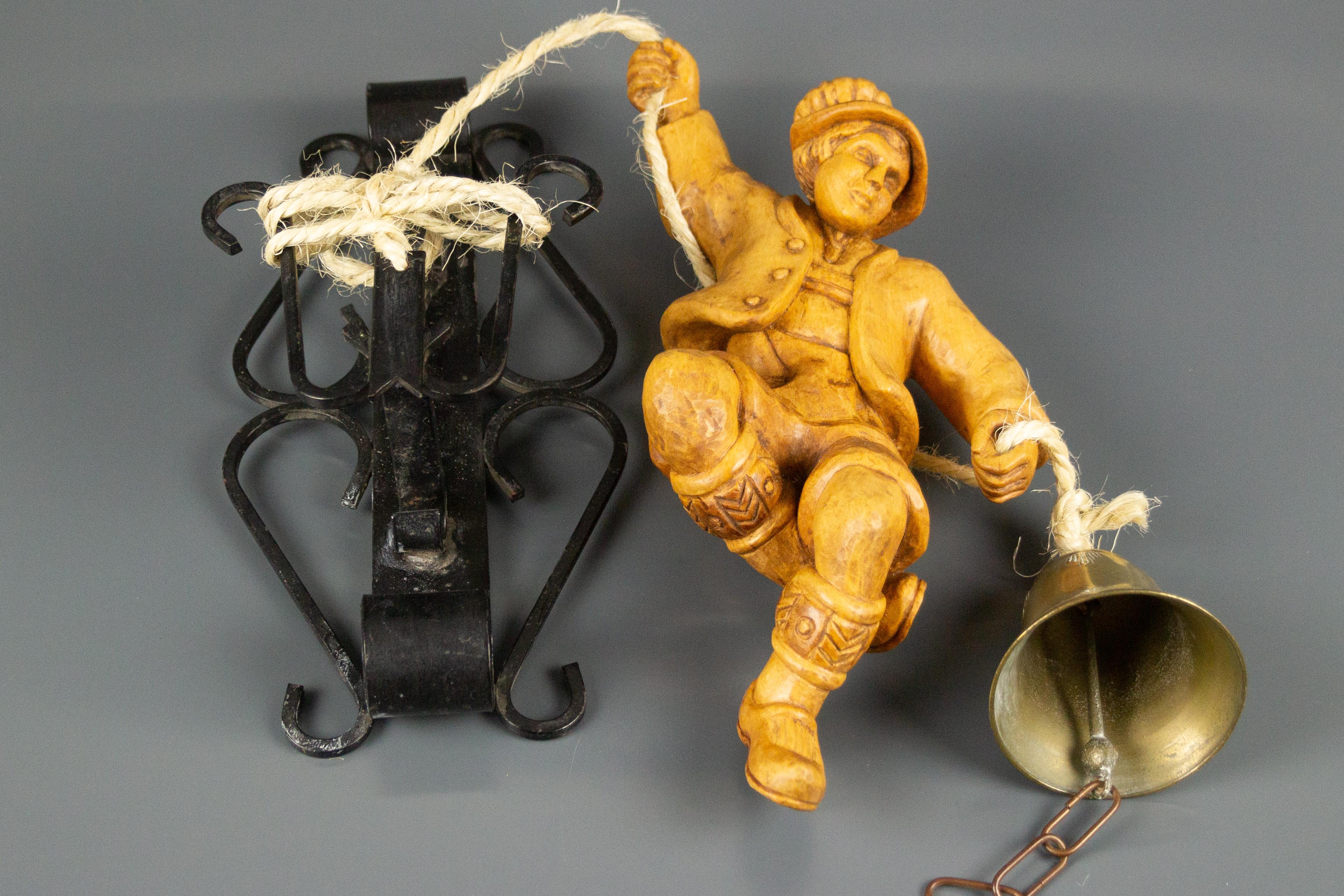 Vintage Wooden Mountaineer Figure with Brass Bell and Iron Wall Mount For Sale 8
