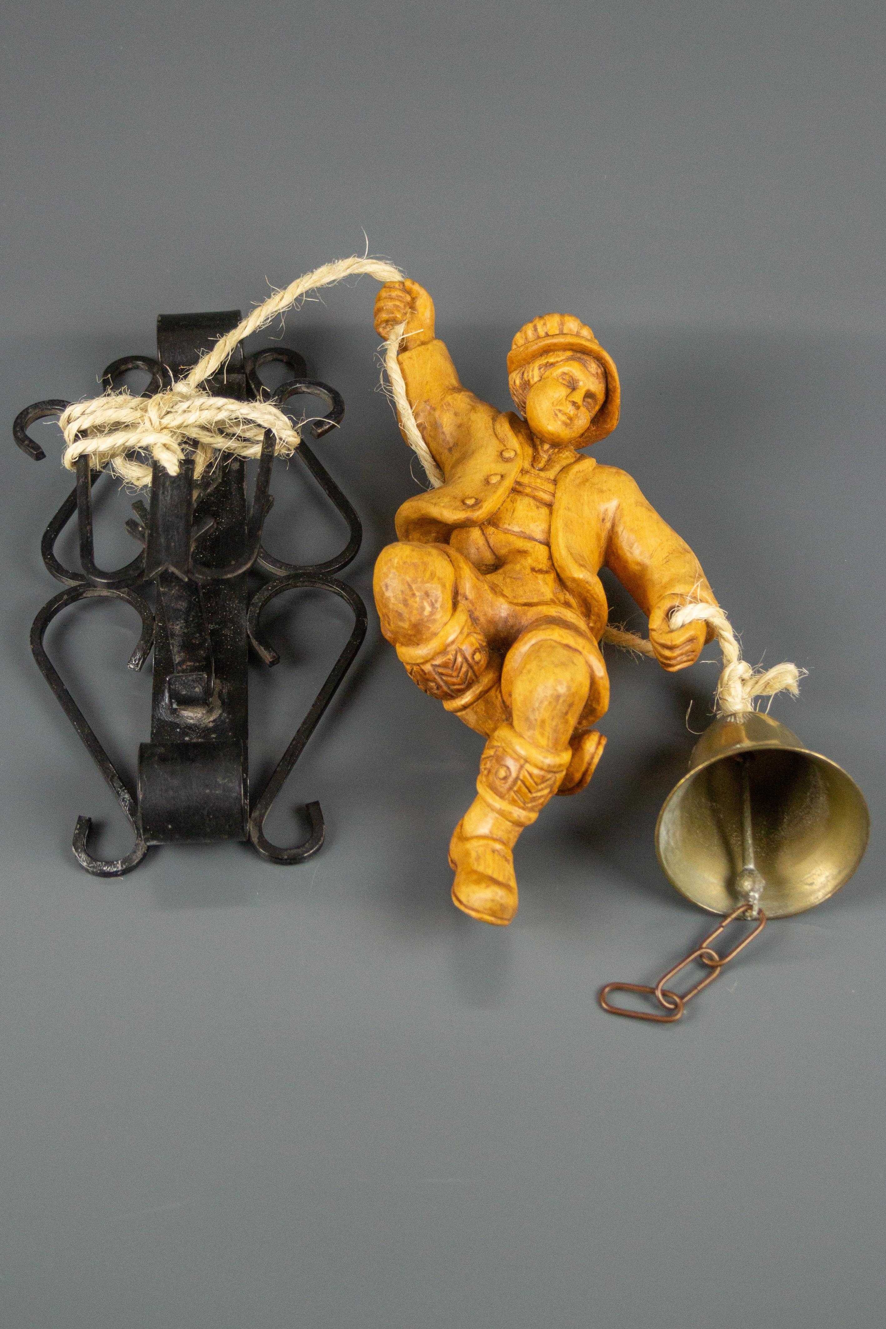 Vintage Wooden Mountaineer Figure with Brass Bell and Iron Wall Mount For Sale 13