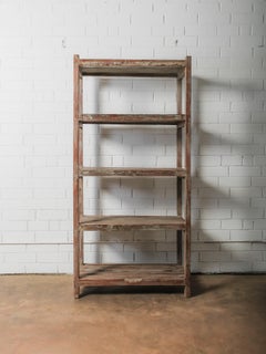 Vintage Wooden Open Shelving Unit with Slatted Shelves and Weathered Patina