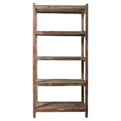Vintage Wooden Open Shelving Unit with Slatted Shelves and Weathered Patina