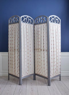 Vintage Wooden Paravent with Red Floral Decorated Textile, France, 1930s