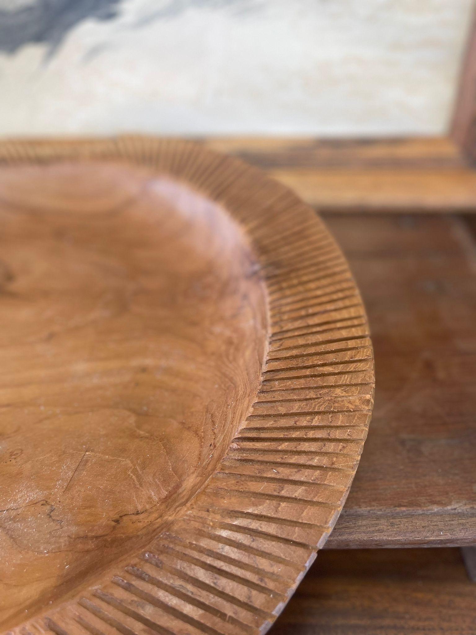 Vintage Wooden Platter Stripe Designed Edge Splits Consistant with Age For Sale 1