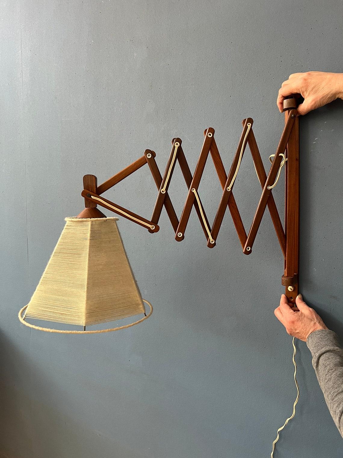 Linen Vintage Wooden Scissor Wall Lamp with Rope Shade, 1970s For Sale