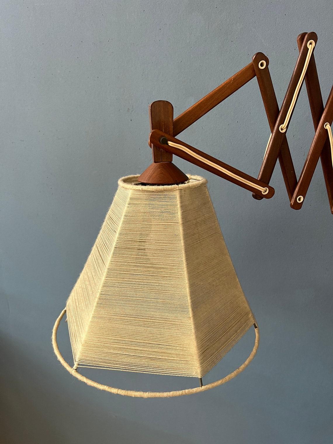 Vintage Wooden Scissor Wall Lamp with Rope Shade, 1970s For Sale 1