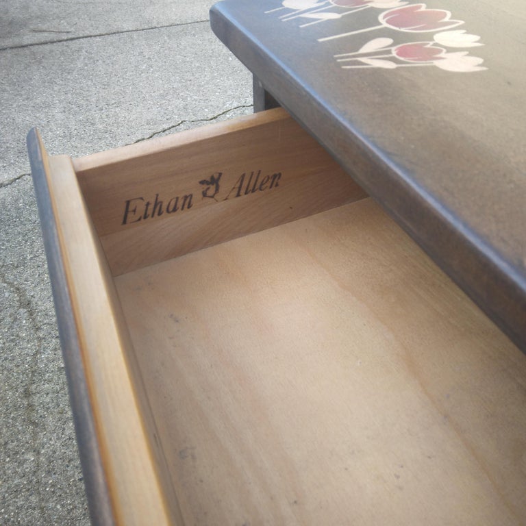 Vintage Wooden Side Table with Floral Accents, Ethan Allen For Sale at