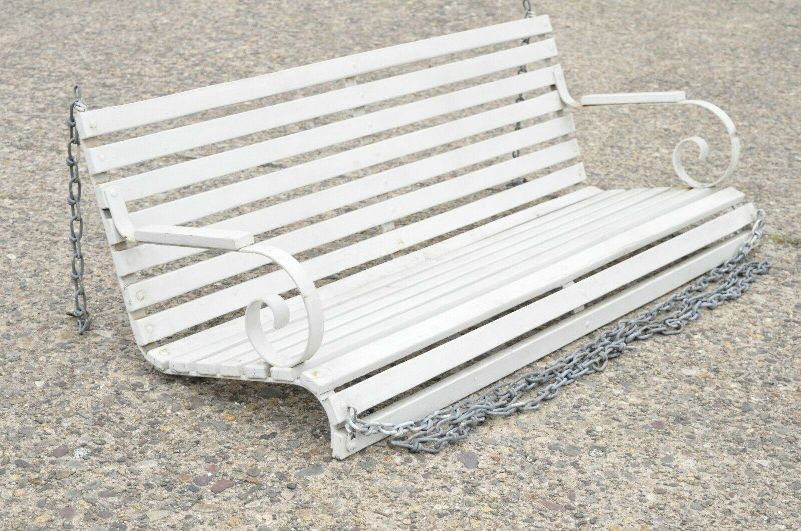 Vintage Wooden Slat and Scrolling Wrought Iron Garden Patio Bench
