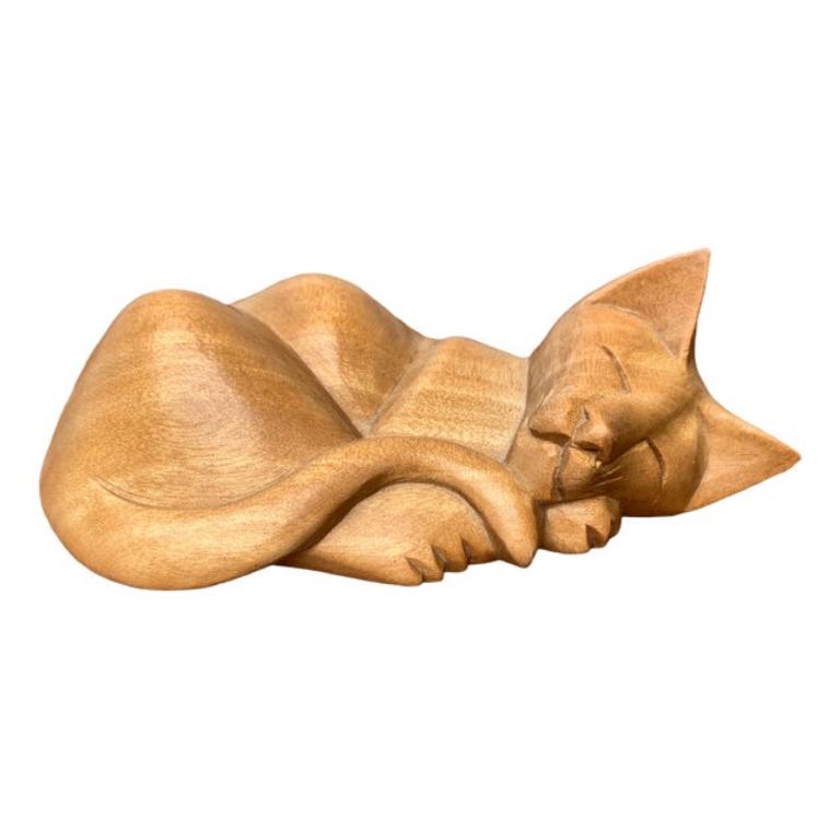 Vintage-Holzfigur einer schlafenden Löwenfigur aus Holz, 1970er Jahre
