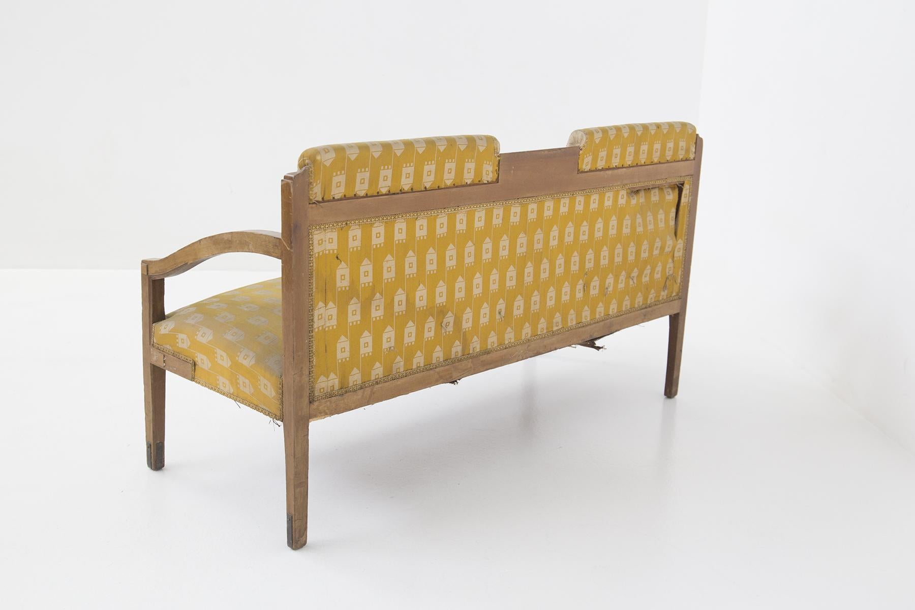 Mid-20th Century Vintage Wooden Sofa in Fabric and Brass For Sale