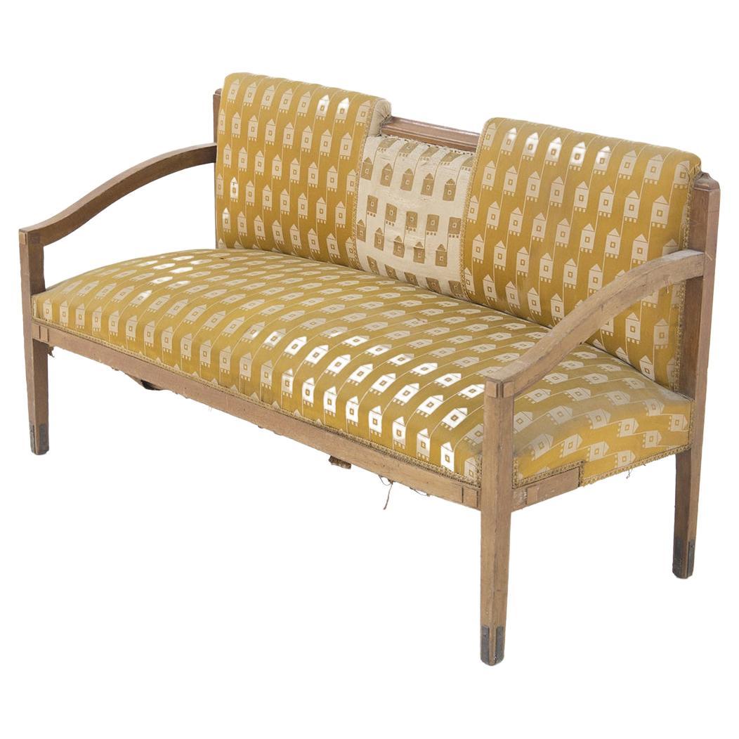 Vintage Wooden Sofa in Fabric and Brass For Sale