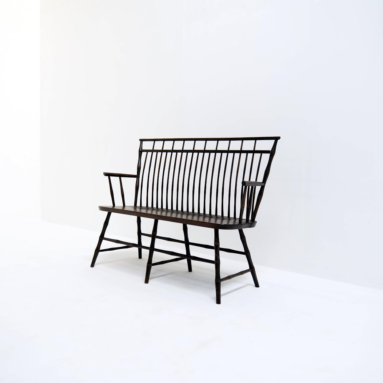 Shaker Vintage Wooden Spindle Back Settee in Faux Bamboo For Sale