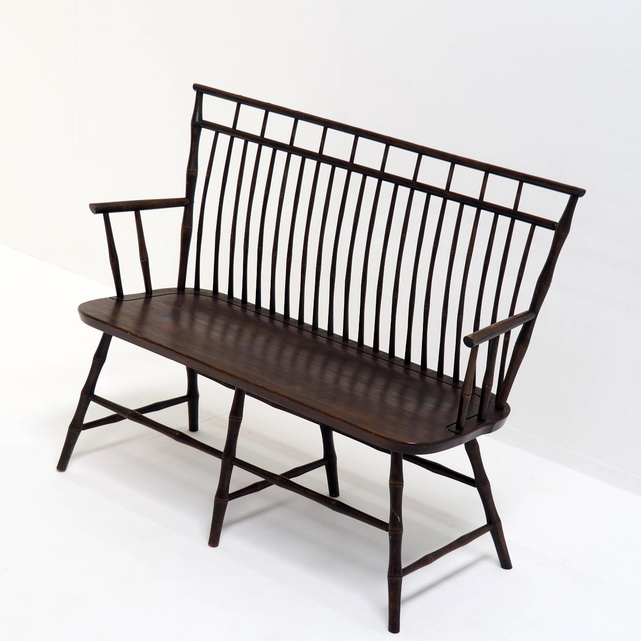 Vintage Wooden Spindle Back Settee in Faux Bamboo For Sale 1
