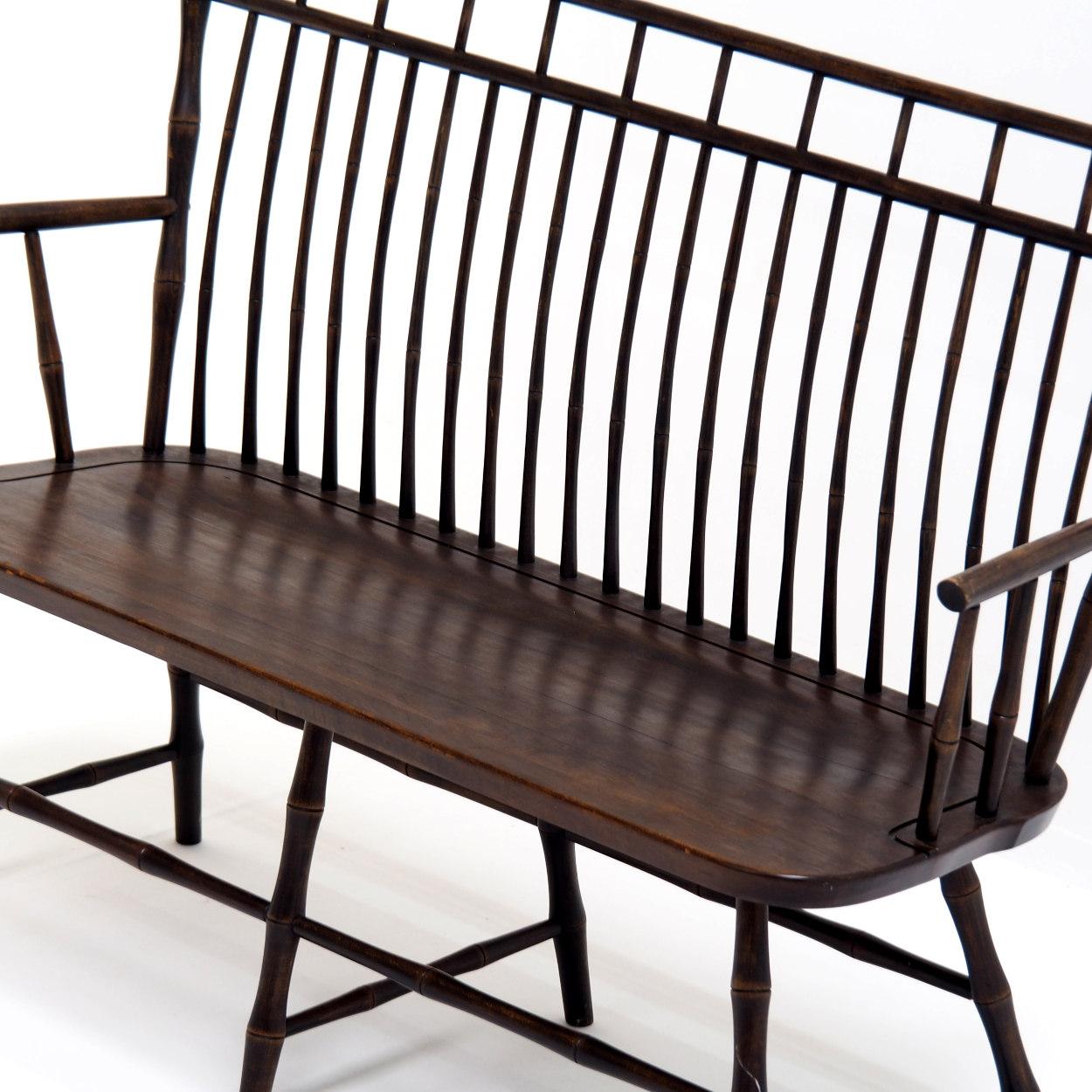 Vintage Wooden Spindle Back Settee in Faux Bamboo For Sale 2