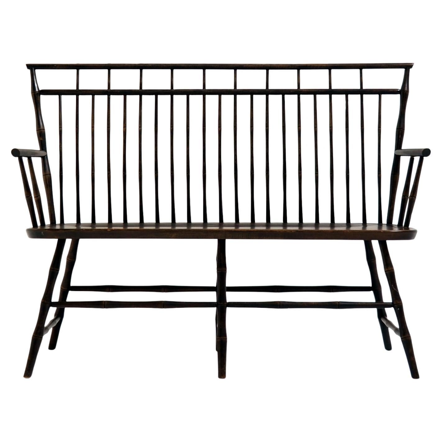 Vintage Wooden Spindle Back Settee in Faux Bamboo For Sale