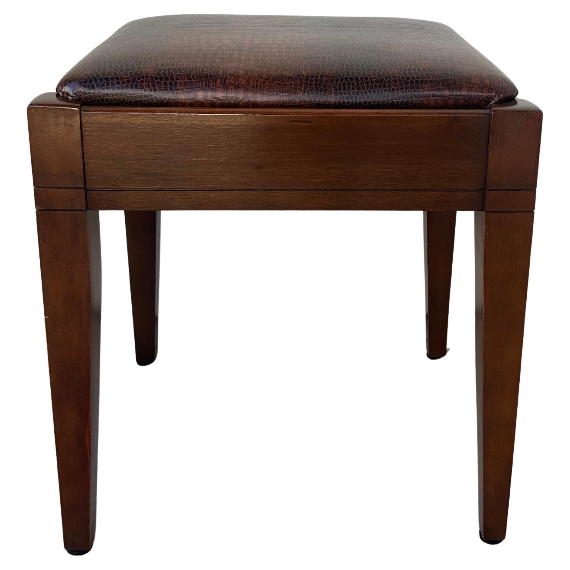 Vintage Wooden Stool with Faux Leather Croc-Embossed Cushion In Good Condition In Saint Petersburg, FL