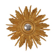 Vintage Wooden Sunburst Convex Mirror, Gold, 46cm