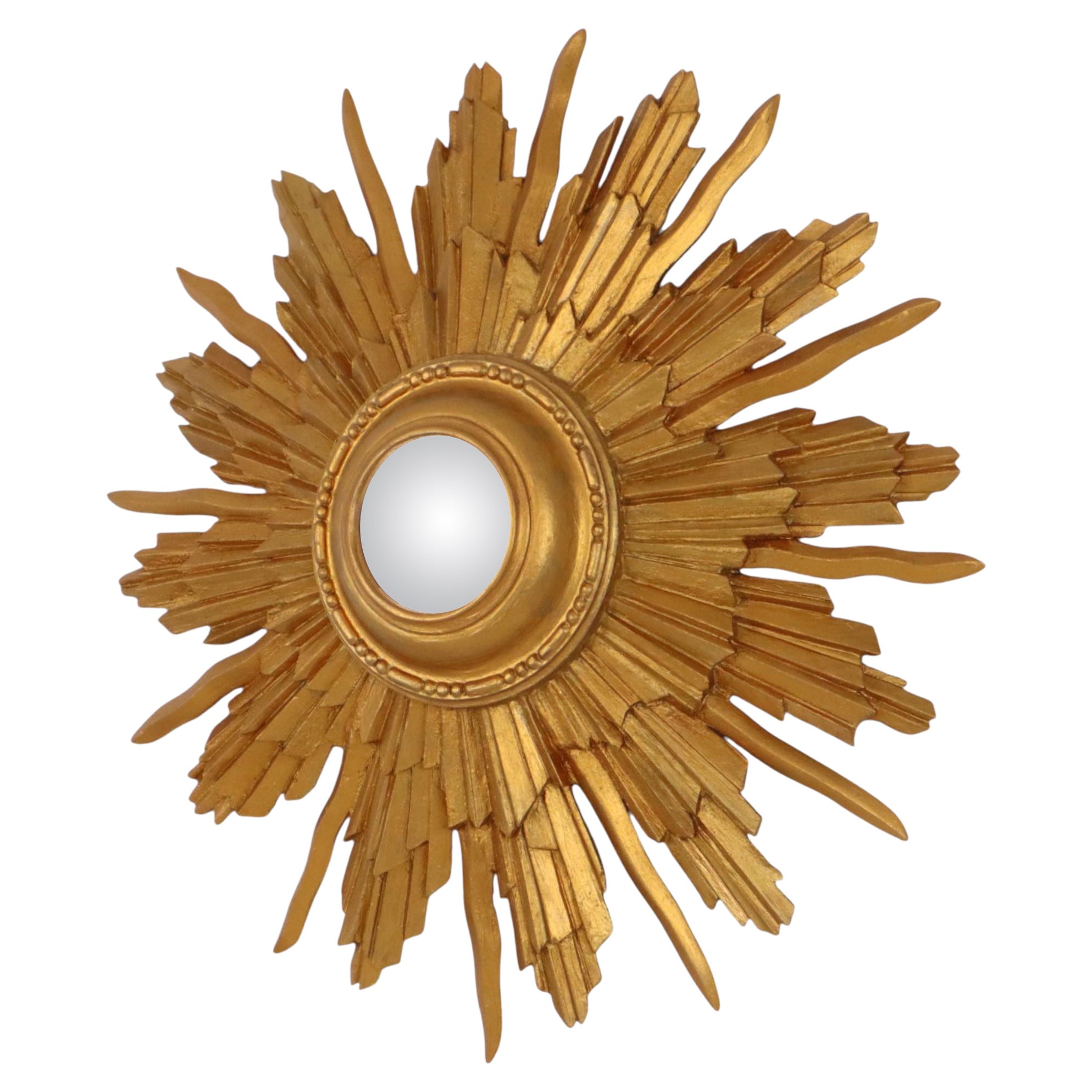 Vintage Wooden Sunburst Convex Mirror, Gold, 46cm