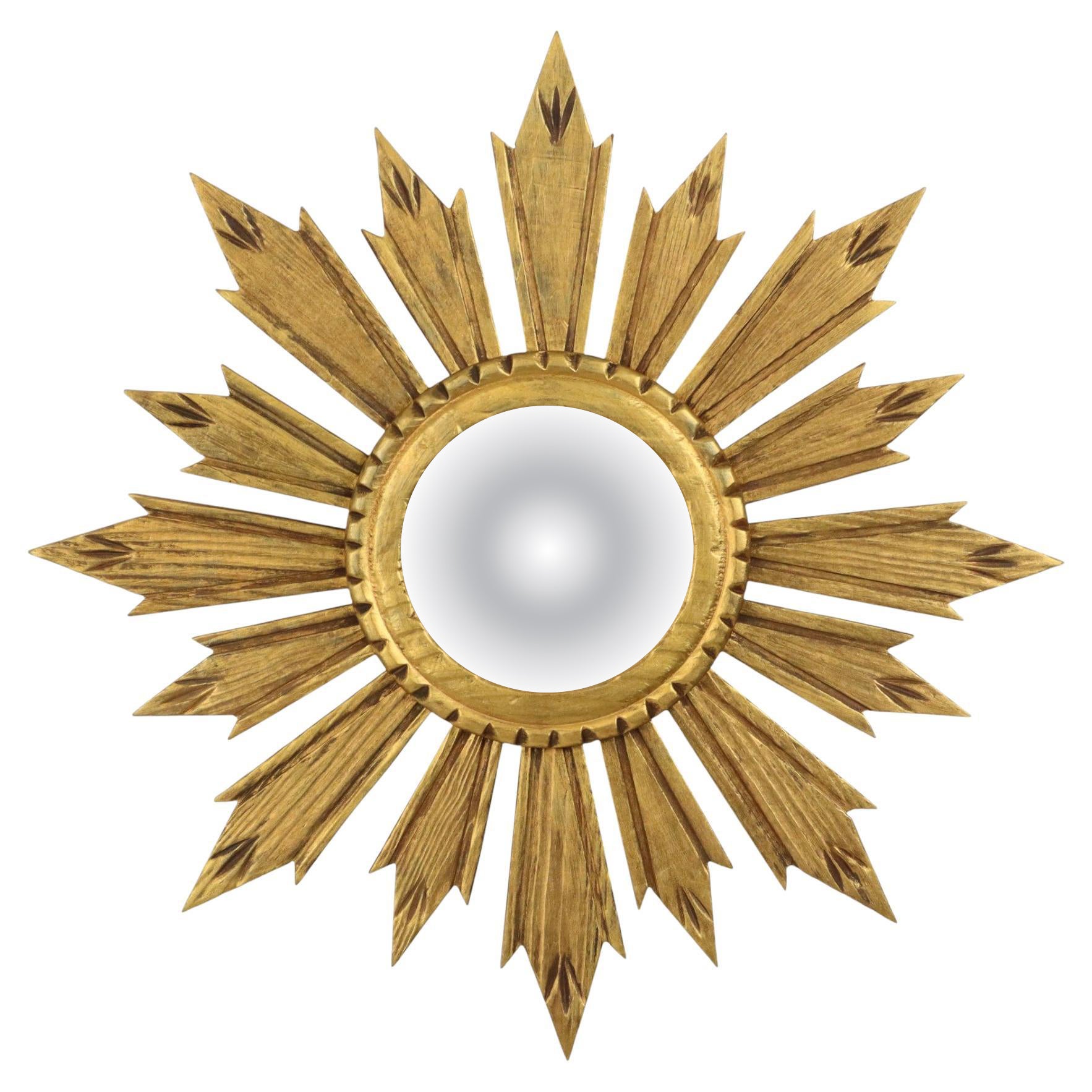 Vintage Wooden Sunburst Sun Mirror Convex France 51cm