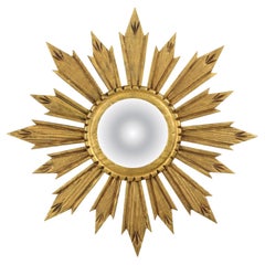 Vintage Wooden Sunburst Sun Mirror Convex France 51cm