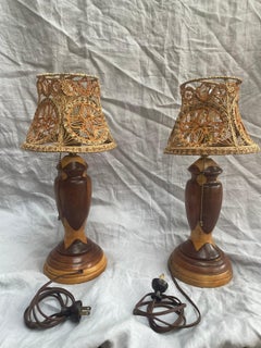 Vintage Wooden Table Lamp Pair with Handwoven Pine Needle Shades