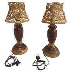 Vintage Wooden Table Lamp Pair with Handwoven Pine Needle Shades