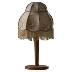 Vintage Wooden Table Lamp with Floral Shade, Danish Art Deco, Early 20th Century Vintage Wooden Table Lamp with Floral Shade, Danish Art Deco, Early 20th Century