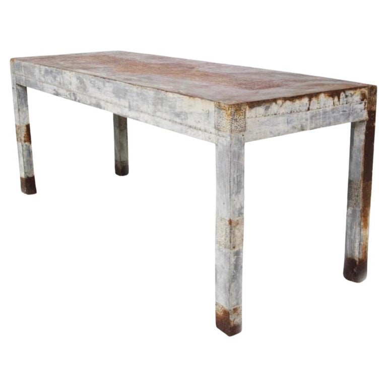 Vintage Wooden Table with Riveted Sheet Metal Covering For Sale at 1stDibs