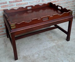 Vintage Wooden Tray Top Coffee Table with Scalloped Edges and Brass Details