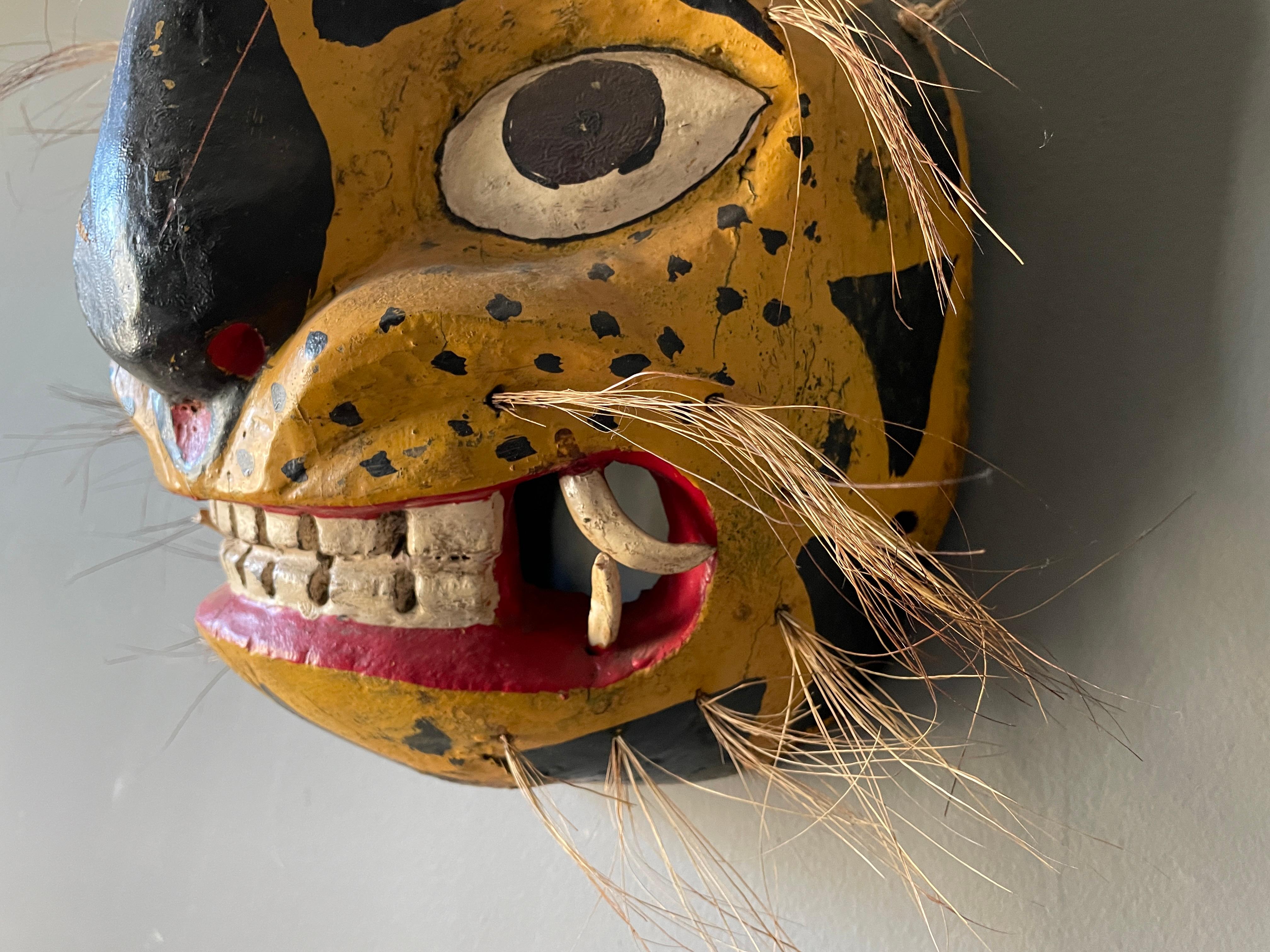 Carved Vintage Wooden Tribal Folk Art Wild Cat Mask 