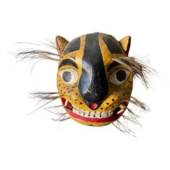 Vintage Wooden Tribal Folk Art Wild Cat Mask 