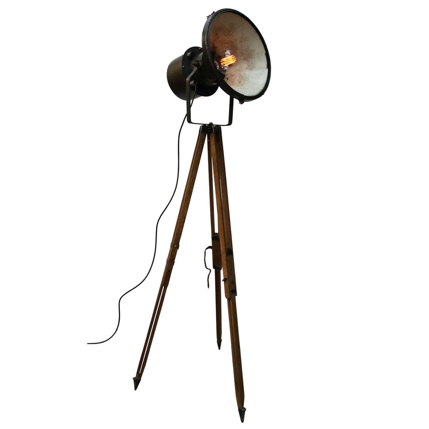 Vintage Wooden Tripod Metal Spot Light Clear Glass