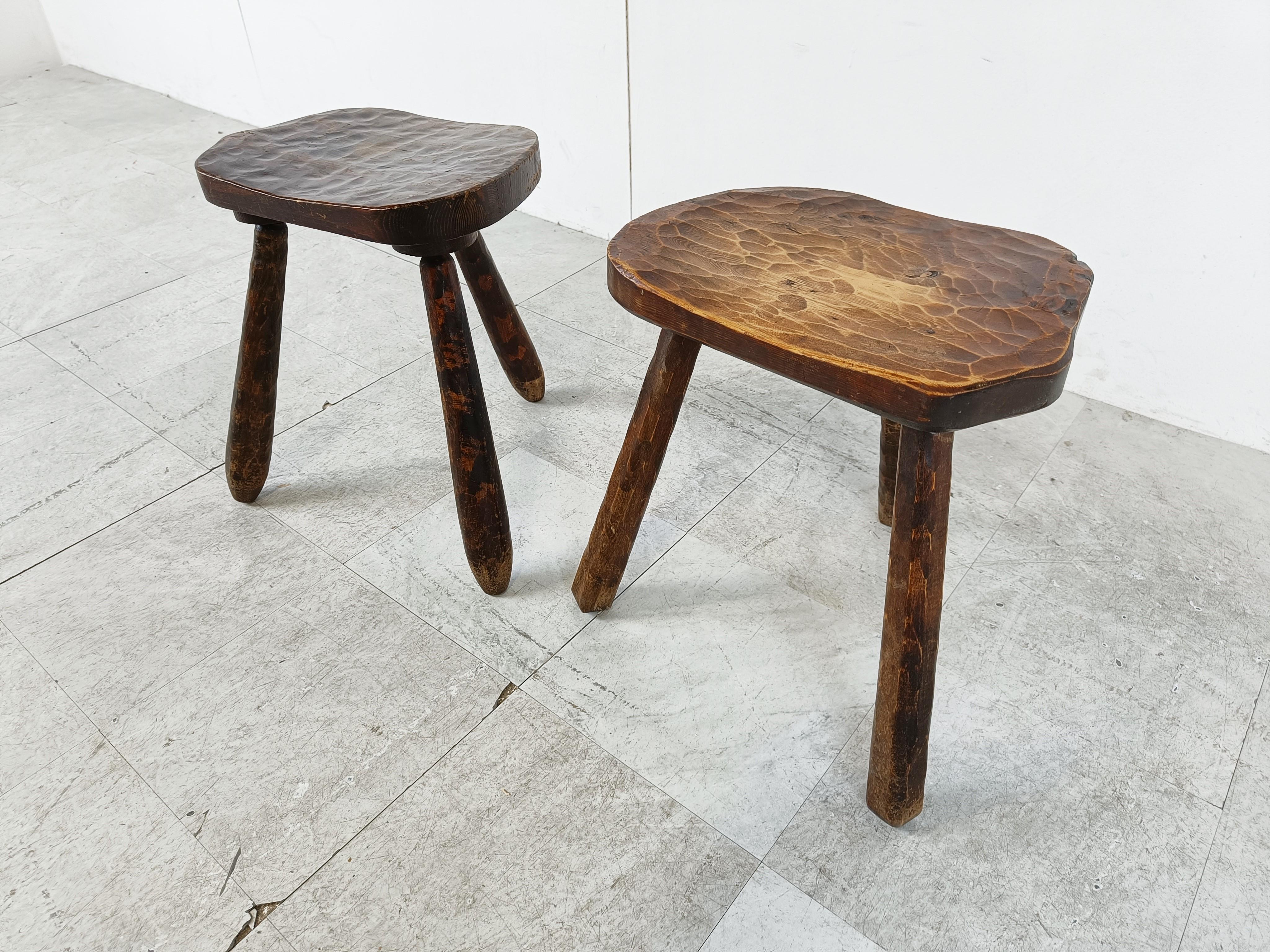 Brutalist Vintage Wooden Tripod Stools - Set of 2, 1950s