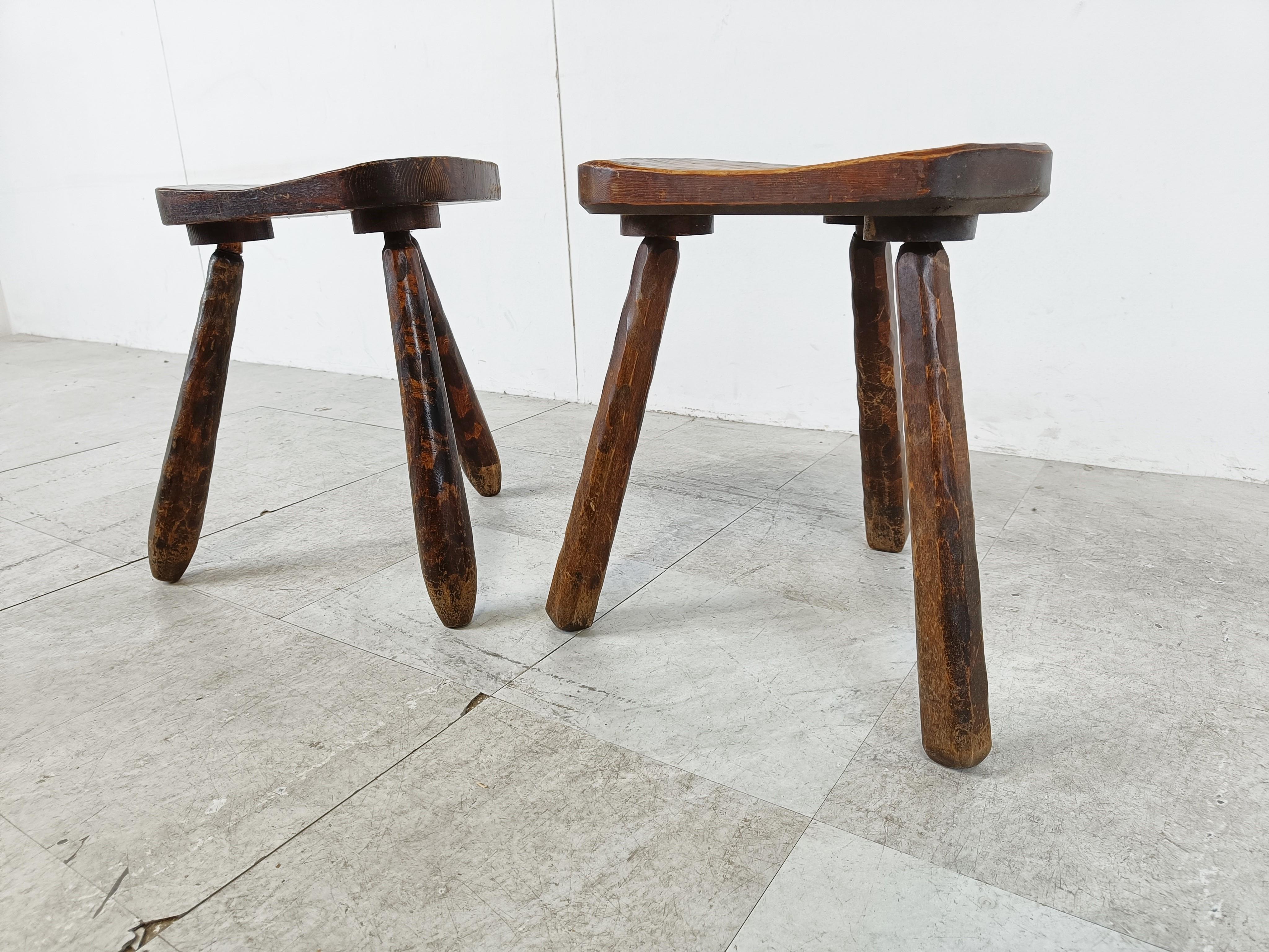 French Vintage Wooden Tripod Stools - Set of 2, 1950s