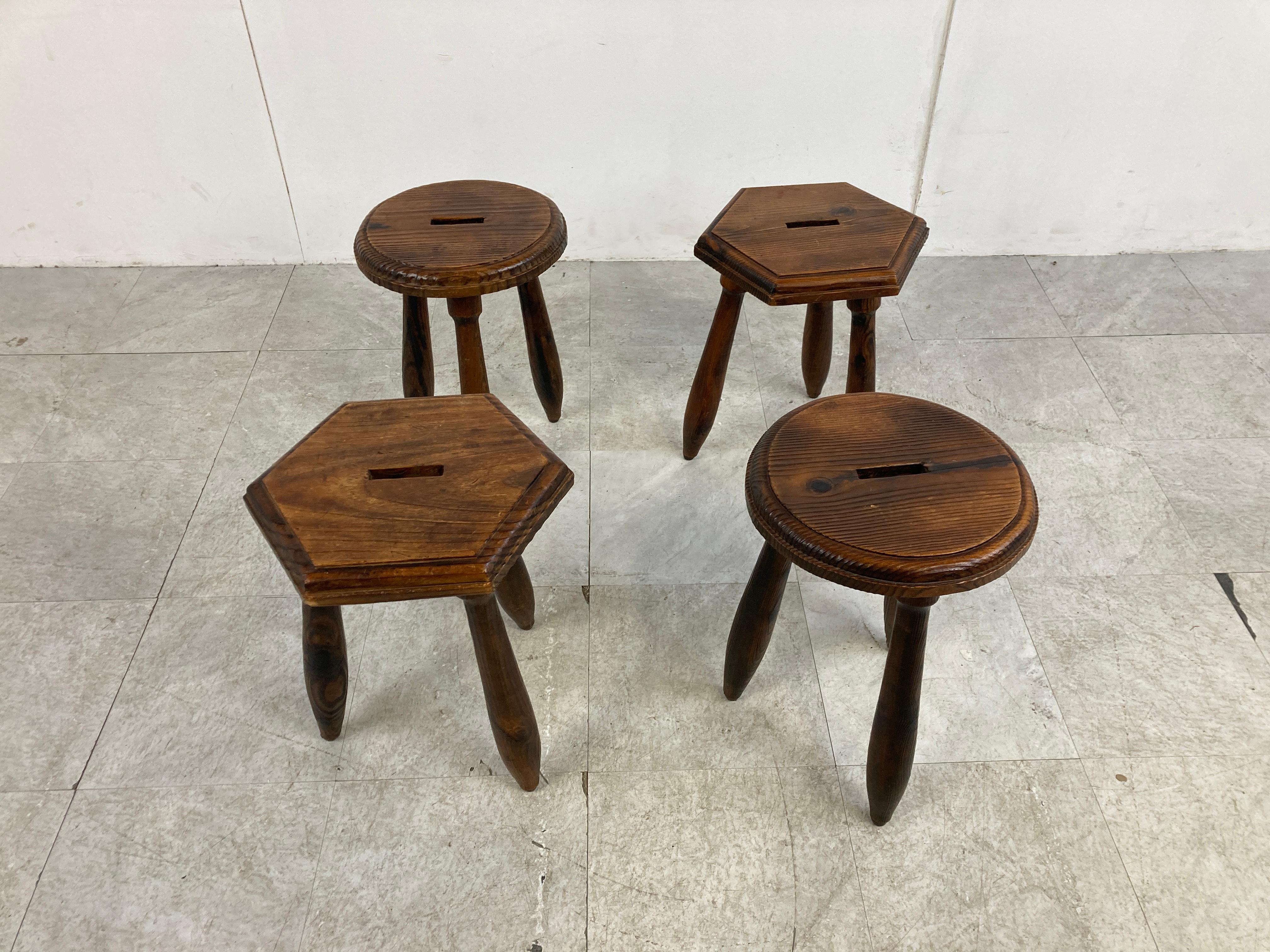 Brutalist Vintage Wooden Tripod Stools, Set of 4, 1950s
