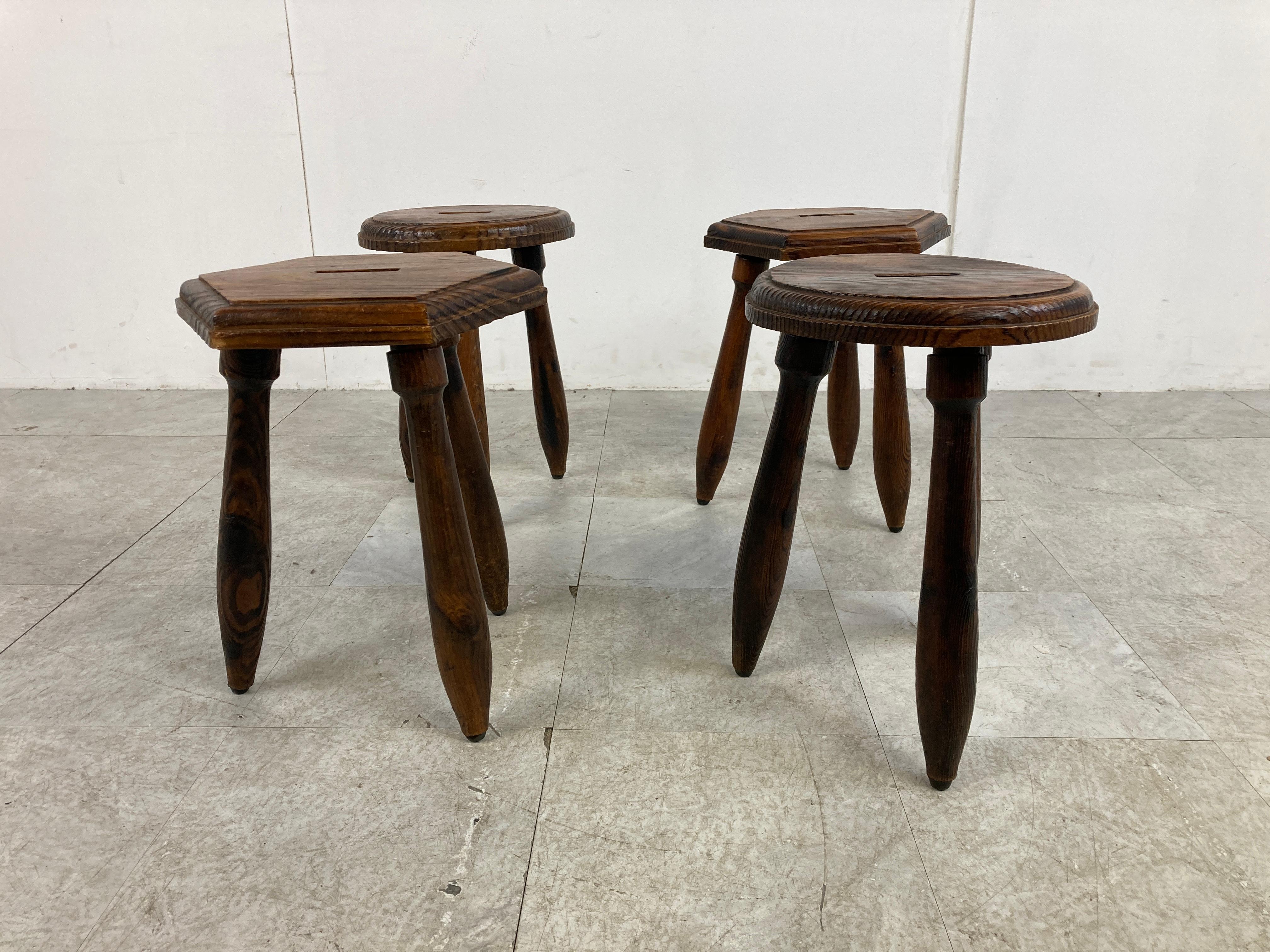 French Vintage Wooden Tripod Stools, Set of 4, 1950s