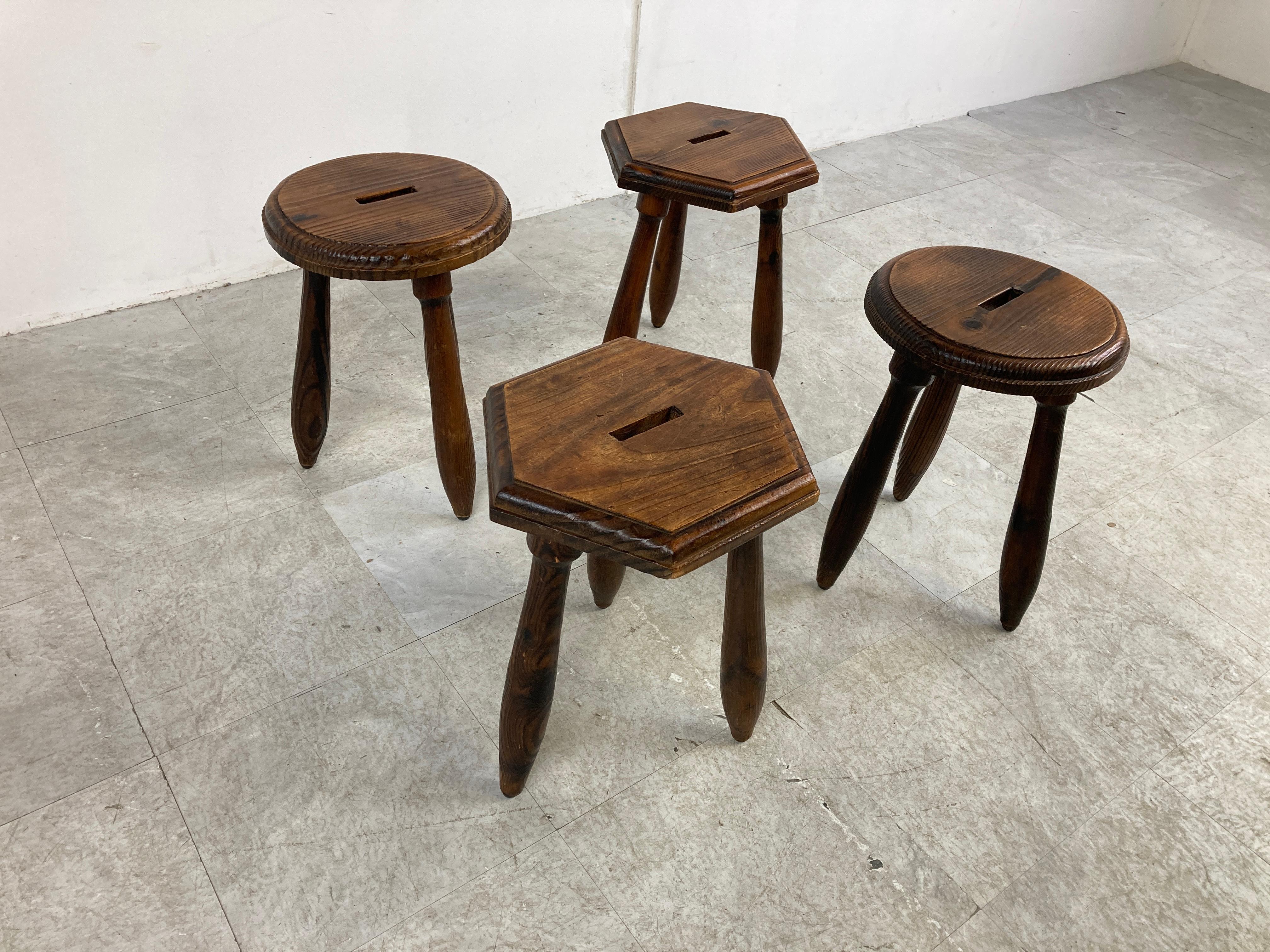 Mid-20th Century Vintage Wooden Tripod Stools, Set of 4, 1950s