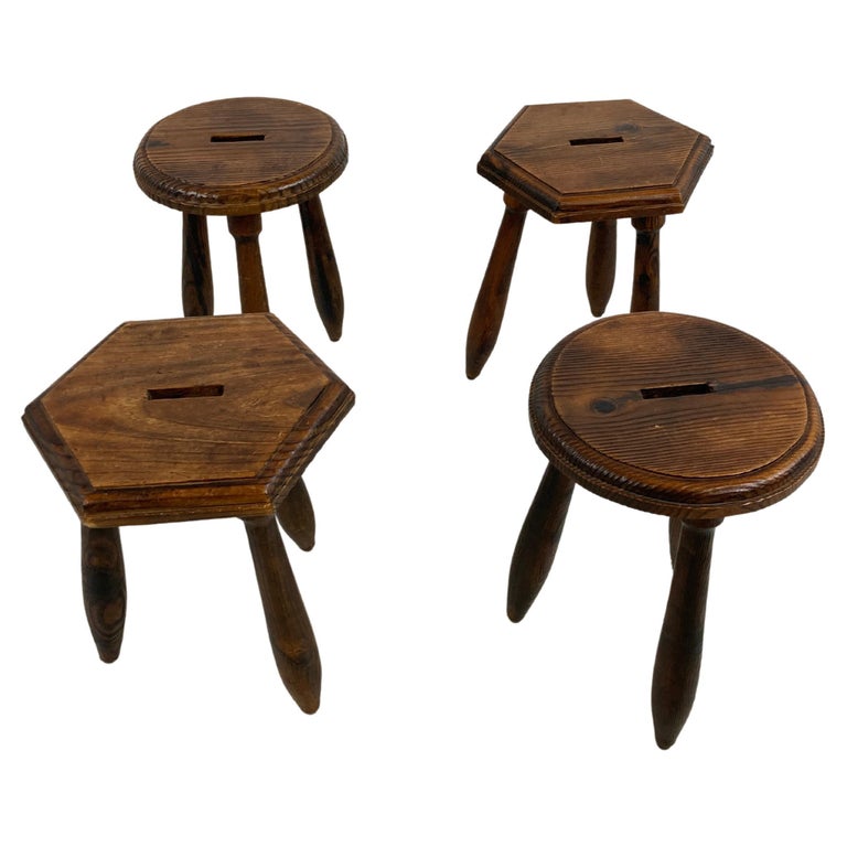 Vintage Wooden Tripod Stools, Set of 4, 1950s For Sale at 1stDibs