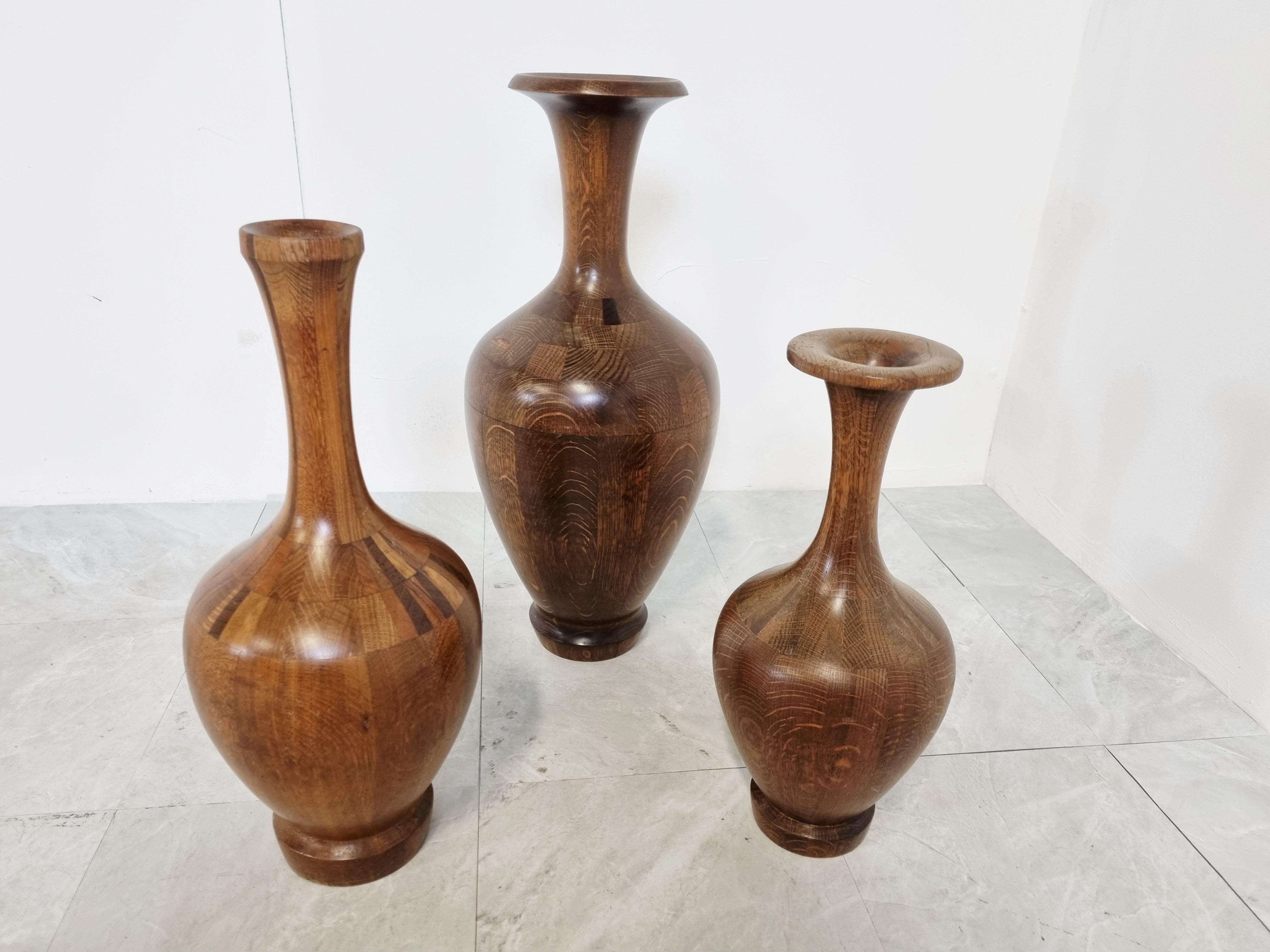 Mid-Century Modern Vintage Wooden Vases by Maurice Bonami, Set of 3, 1970s For Sale