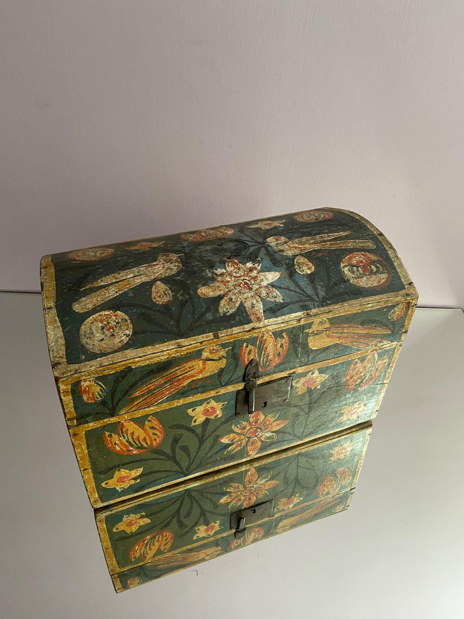French Vintage Wooden Wedding Chest with Hand Painted Flowers, France, 19th Century