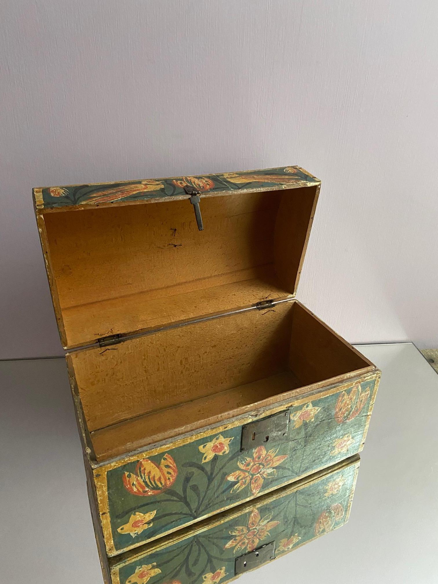 Hand-Painted Vintage Wooden Wedding Chest with Hand Painted Flowers, France, 19th Century
