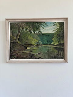 Cuadro al óleo vintage de Woodland Lake, arte de paisajes forestales