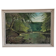 Cuadro al óleo vintage de Woodland Lake, arte de paisajes forestales